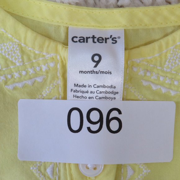 Carter's Sleeveless Blouse‎ Size 9 Months 100% Cotton, Yellow~ White Embroidery - Picture 4 of 8